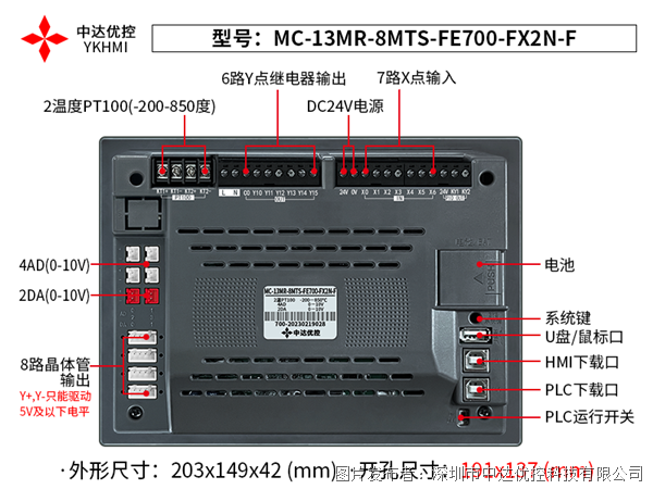 中达优控7寸PLC一体机MC-13MR-8MTS-FE700-FX2N-F